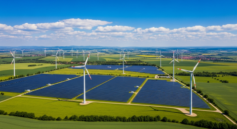Solární elektrárna a větrné turbíny v evropské krajině — přechod na obnovitelné zdroje energie