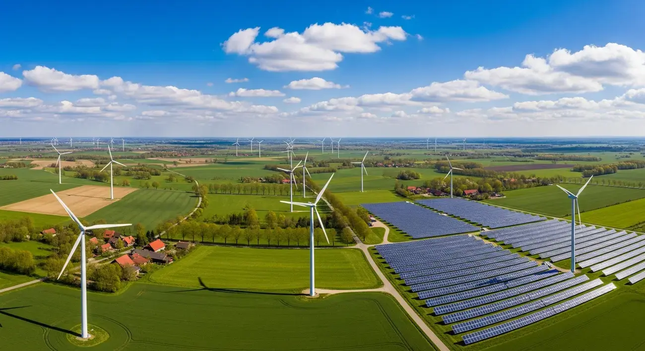 Větrné turbíny a solární panely v evropské krajině — rekord obnovitelné energie v Q1 2026