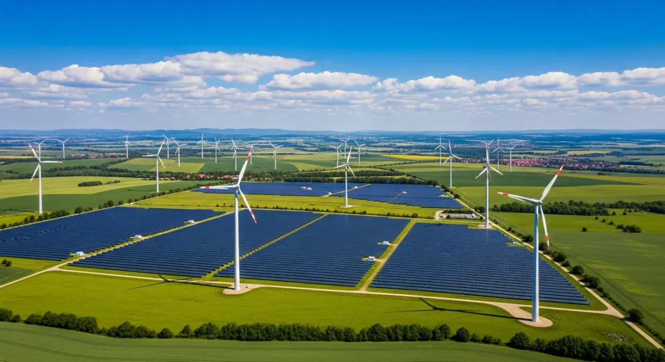 Solární elektrárna a větrné turbíny v evropské krajině — přechod na obnovitelné zdroje energie