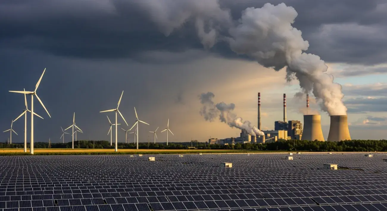 Solární panely a větrníky vedle uhelné elektrárny — symbolika plýtvání obnovitelnou energií