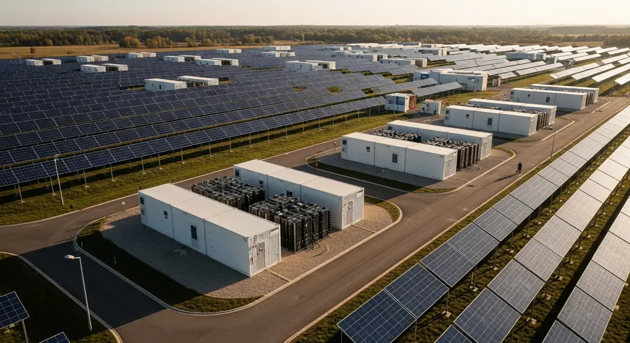 Solární elektrárna budoucnosti s bateriovými úložišti energie — vizualizace energetické transformace