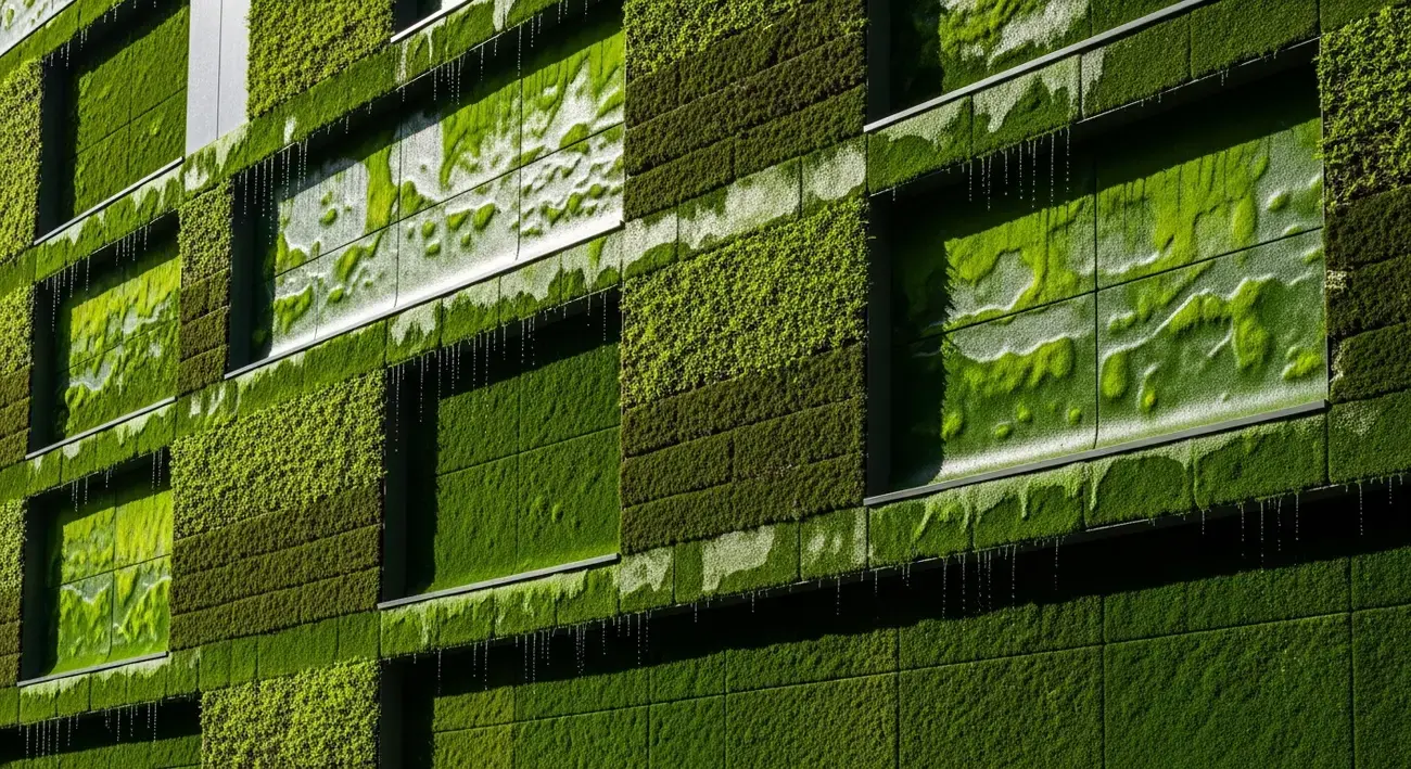 Živá fasáda budovy s biologickými materiály zachycujícími CO₂ – udržitelná architektura budoucnosti