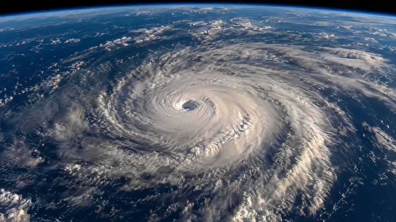 Pohled z oběžné dráhy na oko a spirální oblačné pásy silného tropického cyklónu nad oceánem | ilustrační foto
